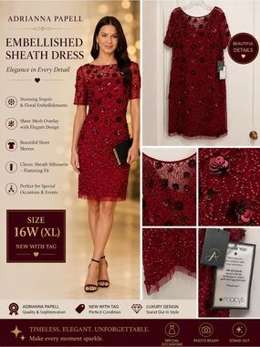 Adrianna Papell boat neck rich  read Embellished Sheath Midi Dress.size 16 W